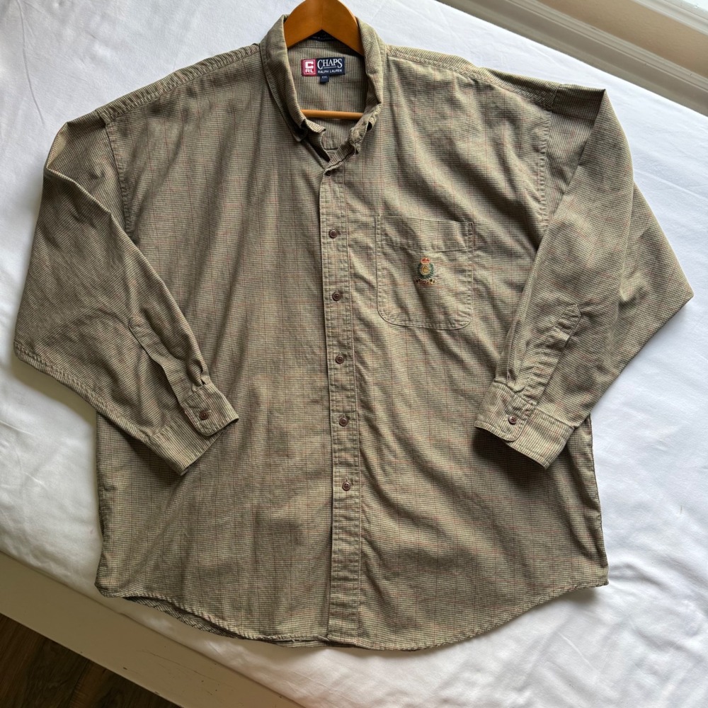Chaps Ralph Lauren Mens XXL Brown Plaid Button Down Shirt Cotton Crest Holiday
